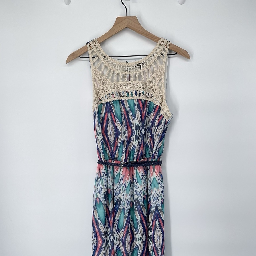 Boho Ibiza Festival Maxi Dress L Crochet Bodice Vacation Summer Tribal NWT